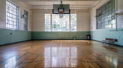 Vintage Indoor Basketball Court with Wooden Floor and Sunlight, Generative AI