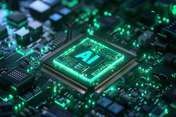 Artificial Intelligence Computer Chip Semiconductor, Green AI Machine Learning Hardware Concept