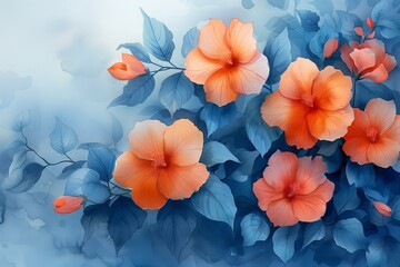Watercolor Painting of Orange Hibiscus Flowers With Blue Leaves