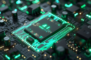 Obraz premium Artificial Intelligence Computer Chip Semiconductor, Green AI Machine Learning Hardware Concept