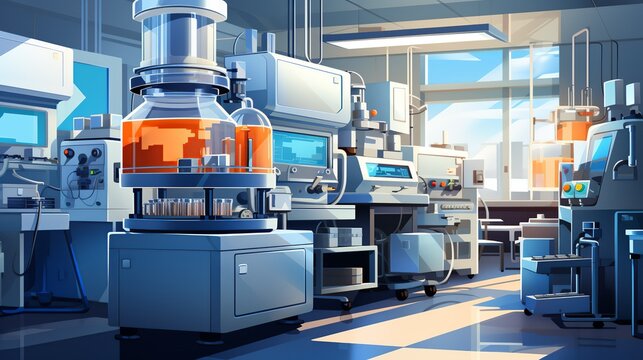 A detailed paper composition of a biotechnological lab scene with geometric equipment, capturing the essence of scientific creativity. Illustration, Minimalism,