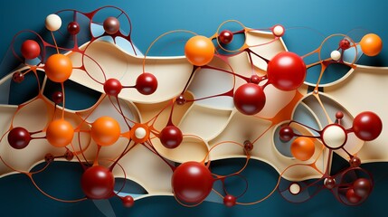 A layered paper artwork depicting a molecular structure set against a backdrop of geometric shapes, symbolizing the complexity of biotechnological processes. Illustration, Minimalism,