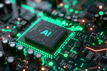 Fototapeta premium Artificial Intelligence Computer Chip Semiconductor, Green AI Machine Learning Hardware Concept