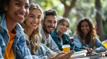 Fototapeta premium A diverse group of young adults sitting outdoors, smiling while engaged in a group study session.