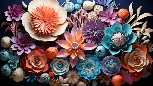 Fototapeta A vibrant paper art piece featuring geometric fractals and molecular models, symbolizing the intricate designs found in nature and biotech. Illustration, Minimalism,