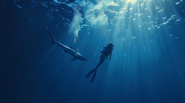 Graceful shark following human in crystal clear waters of the deep blue ocean depths