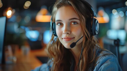 Smiling Customer Support Agent with Headphones Assisting Client on Computer in Office