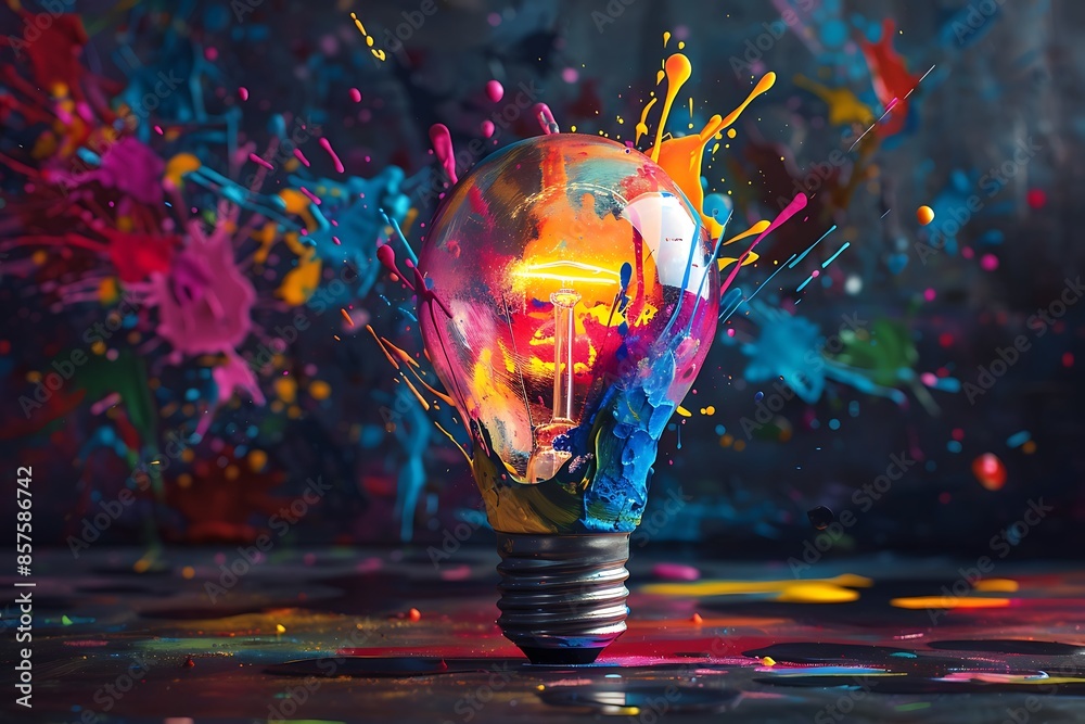 Poster light bulb explosion of colorful paint splashes