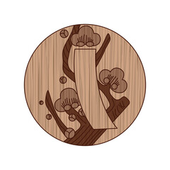 木彫り風円形花札　如月　梅　赤短　2月　梅に赤短