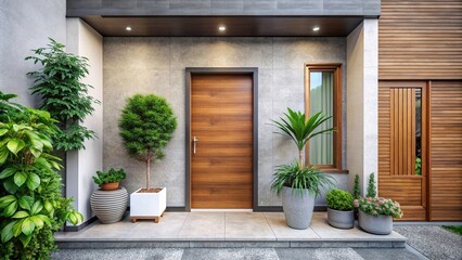 Entrance to a modern house with a wooden door and potted plants, entrance, house, home, doorway, exterior