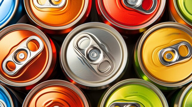 Variety of aluminum drink cans displaying diverse colors and designs from above view