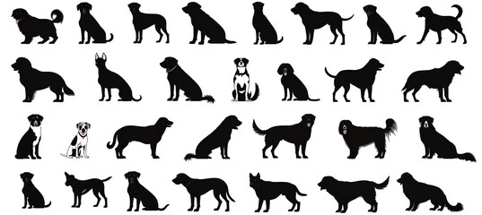 silhouettes of dogs on white background, The dogs are in various poses with happy expressions and are cute