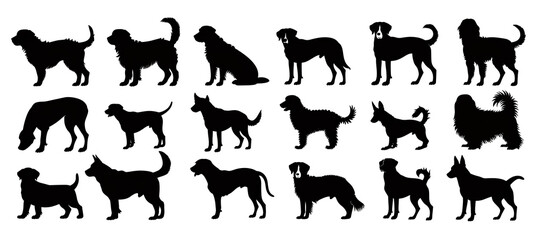 silhouettes of dogs on white background, The dogs are in various poses with happy expressions and are cute