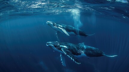 Fototapeta premium Humpback whale mother and calf swimming in Tonga s deep blue sea