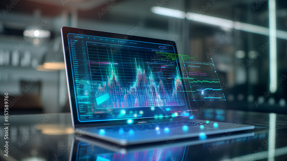 Canvas Prints business financial data management system virtual display over a laptop, digital software technology