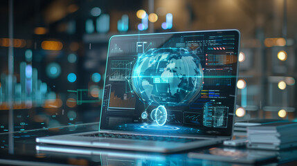 business financial data management system virtual display over a laptop, digital software technology 