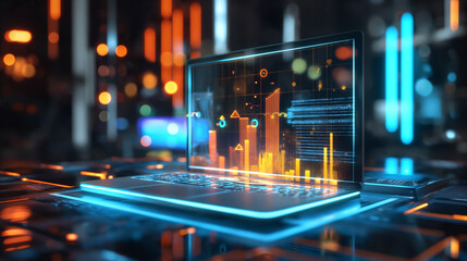 business financial data management system virtual display over a laptop, digital software technology 