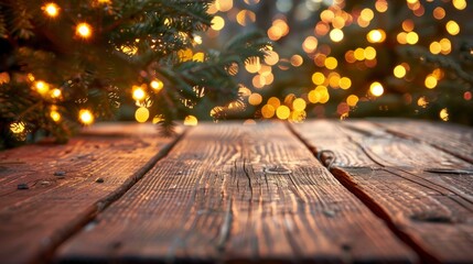 Enchanting garden wooden table with outdoor string lights on tree, creating magical ambience. Mockup