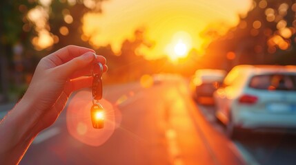 Hand holding car keys with sun flare background, concept of owning a vehicle in bright sunlight