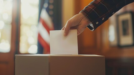 A hand casts a ballot into a voting box in front of an American flag.