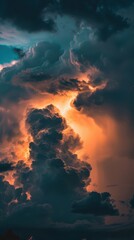 Storm clouds illuminated by lightning at sunset