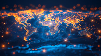 World Map with Glowing Digital Connections Between Countries and Cities, Representing Global Network, Connectivity, Technology, and Business Exchange on a Dark Blue Background