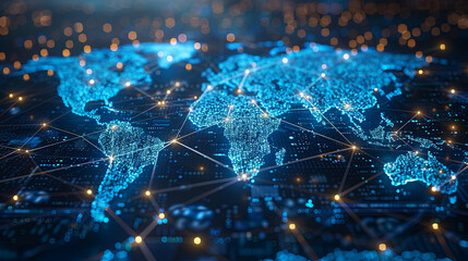 Fototapeta premium World Map with Glowing Digital Connections Between Countries and Cities, Representing Global Network, Connectivity, Technology, and Business Exchange on a Dark Blue Background