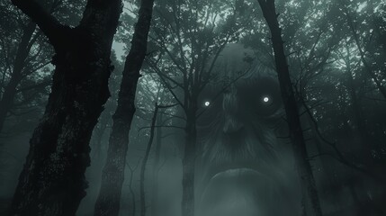 A haunting, shadowy figure emerges from the mist in a dark and eerie forest. Its glowing eyes pierce through the darkness, creating an atmosphere of fear and mystery.