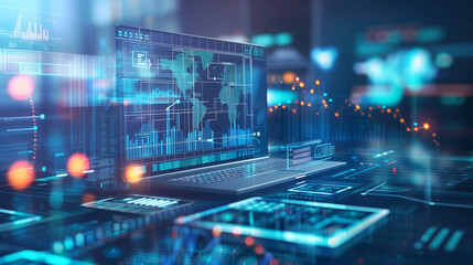 business financial data management system virtual display over a laptop, digital software technology 