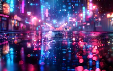 Fototapeta premium Neon Lights Reflecting on Wet Pavement