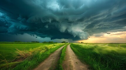 Fototapeta premium A dirt road leads through a field of green grass towards a dramatic storm cloud in the distance