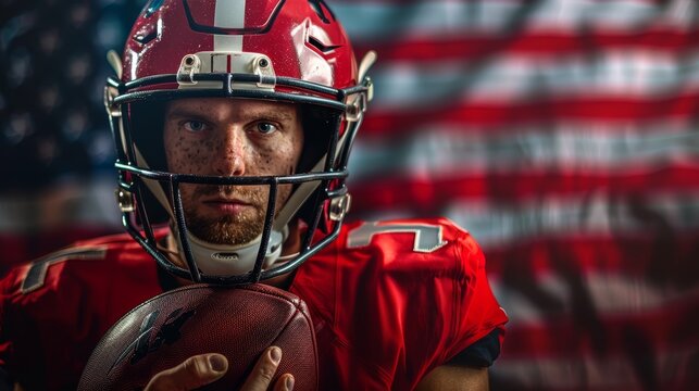 A determined American football player in a red uniform, holding the ball, stares intently at the camera.  The American flag is blurred in the background.