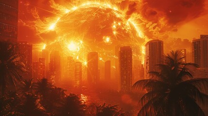 Fototapeta premium A fiery, apocalyptic cityscape with towering flames engulfing buildings and palm trees.