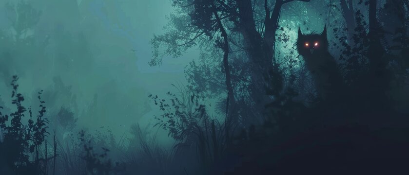 A shadowy figure with glowing eyes hides in the dense forest.