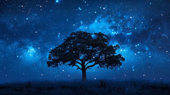 A solitary tree stands tall against a breathtaking night sky, filled with a multitude of stars.
