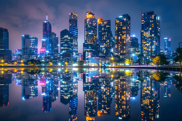 Obraz premium Urban Nightscape: A Glimpse into the Vibrant Life and Tranquil Moments of a Glowing Metropolis