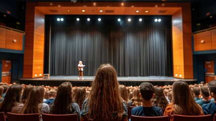 Fototapeta premium A young woman delivering a speech on a modern theater stage to a large group of seated children. The auditorium is spacious with blue and orange decor.