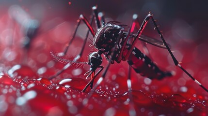 Fototapeta premium Close-up of a mosquito with a red, textured background. The mosquito is in focus, and its legs and body are clearly visible.