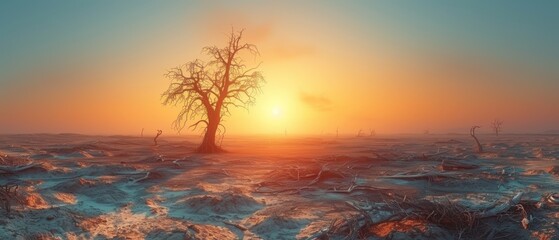 A lone tree stands tall against a vibrant sunset over a field of colorful brush.