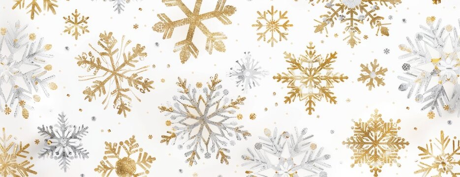 Immerse yourself in the enchanting winter atmosphere with a backdrop of snowflakes adorned with elegant silver and golden designs, creating a sophisticated and festive ambiance for the holiday season