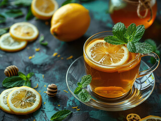 Refreshing Lemon Tea with Fresh Mint Leaves and Honey on a Rustic Table Perfect Beverage for a Relaxing Afternoon or a Health Boost