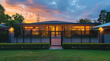 Fototapeta premium Modern minimalist house in the afternoon with warm lighting