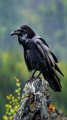 Fototapeta premium A single raven perched on a rock in a misty forest