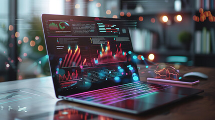 business financial data management system virtual display over a laptop, digital software technology 