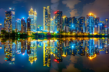 Fototapeta premium Urban Nightscape: A Glimpse into the Vibrant Life and Tranquil Moments of a Glowing Metropolis