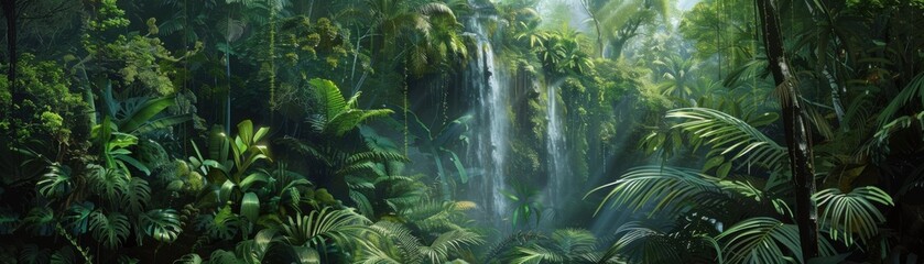 A lush green jungle with a waterfall in the middle