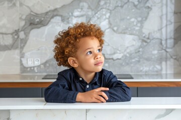 Fototapeta premium a boy with curly hair in a dark blue shirt pointing and leaning slightly, in a minimalist kitchen
