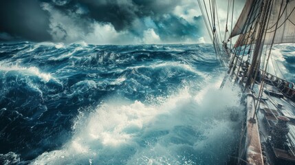 A large sailboat is being tossed around in a stormy sea