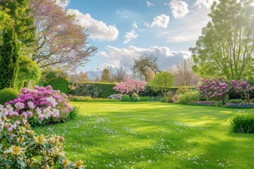 A lush green lawn with a hedge and a row of pink flowers