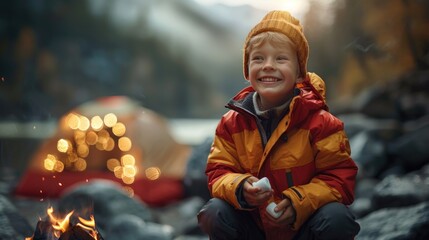 Portrait of a happy child immersed in a summer camp atmosphere filled with joy and fun